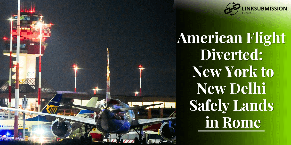 An American Airlines stands on the runway with the written Heading - American Flight Diverted: New York to New Delhi Safely Landed in Rome.