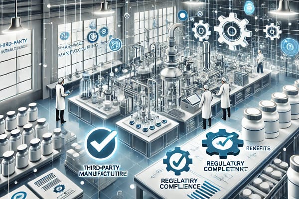 third-party pharmaceutical manufacturing. It represents the manufacturing process, highlighting the benefits and challenges in a professional and high-tech setting.