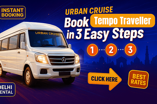 Book Tempo Traveller in 3 Easy Steps text with white Urban Cruise vehicle on blue orange gradient background